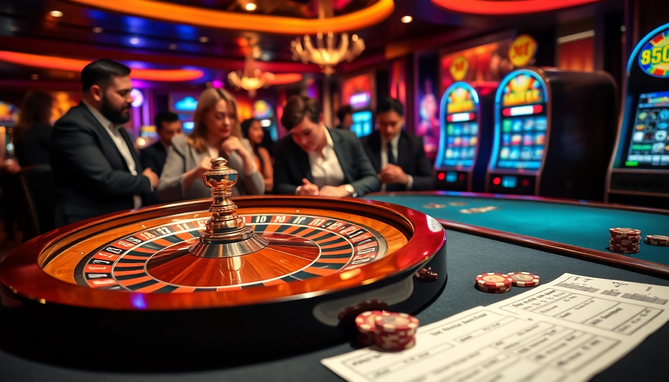 Kết quả xổ số displayed amidst a vibrant casino scene with poker chips and a roulette wheel.