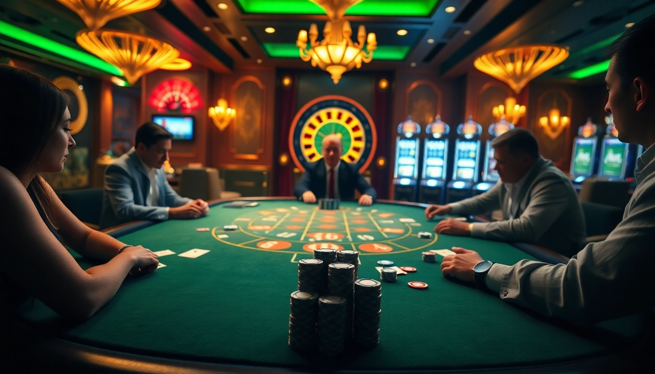 Baccarat players strategizing for big wins at casino mm88, surrounded by roulette and slot machines.