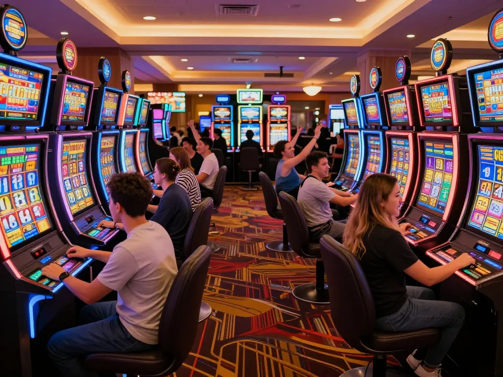 Players enjoying exciting spins at a vibrant situs slot area in a lively casino environment.