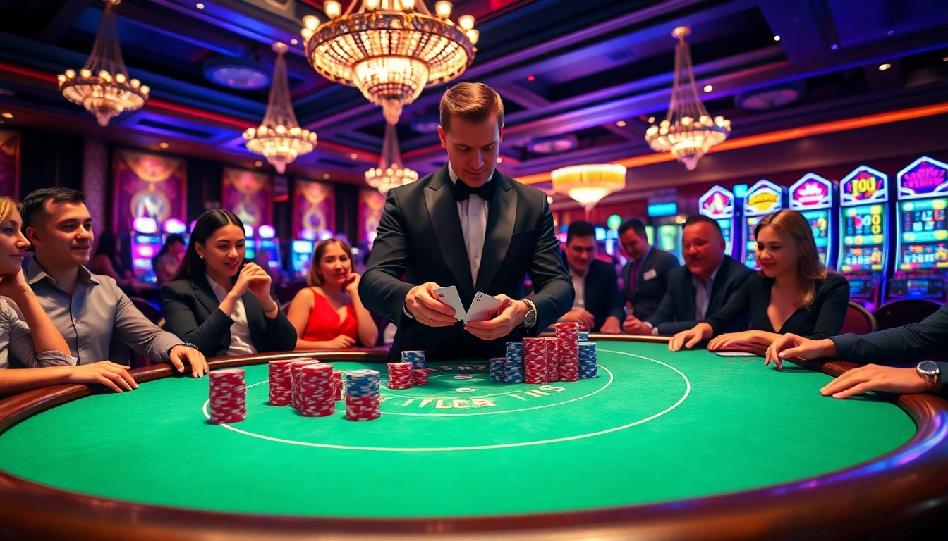 Scène excitante dans un casino en ligne avec des joueurs à une table de poker à enjeux élevés.