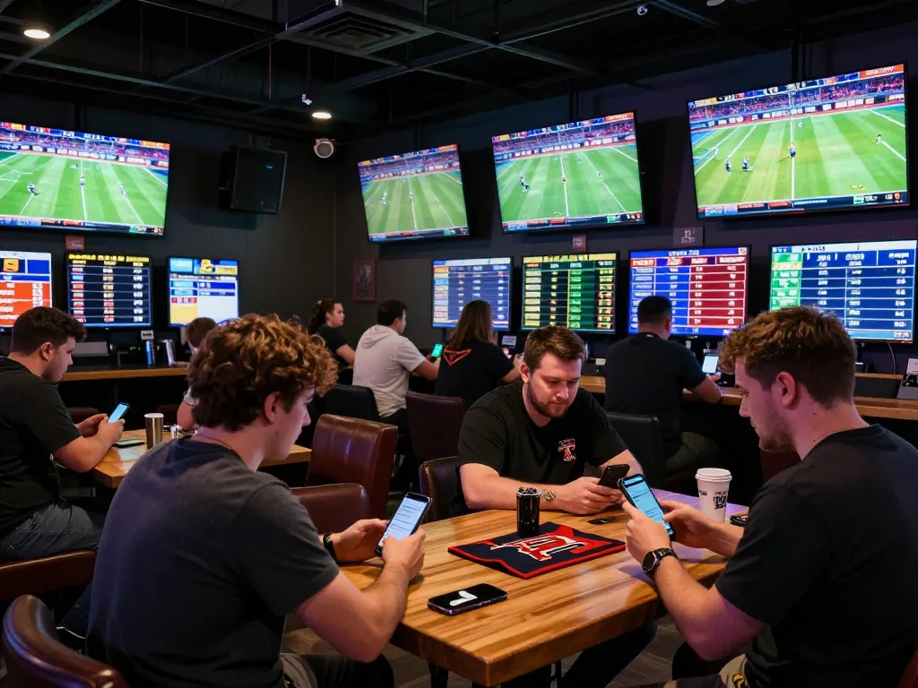 Nyalabet sports betting scene with enthusiastic bettors analyzing live game odds and cheering for their teams.