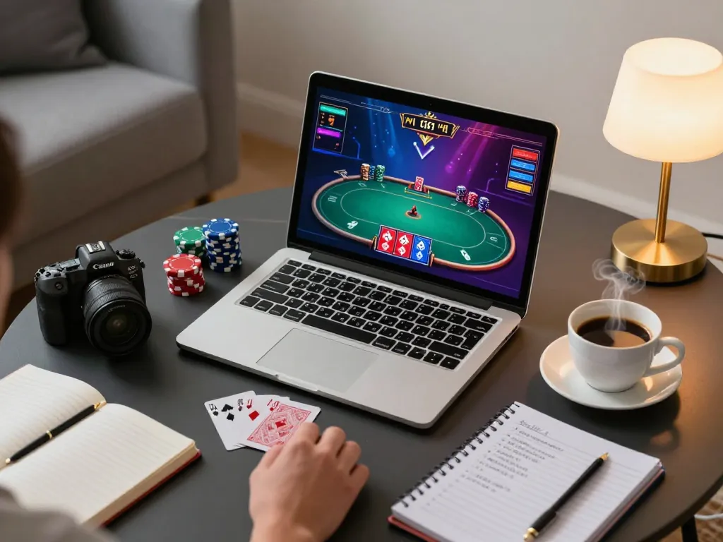 Player enjoying online poker on 388bet from a stylish home setup, showcasing vibrant cards and chips.