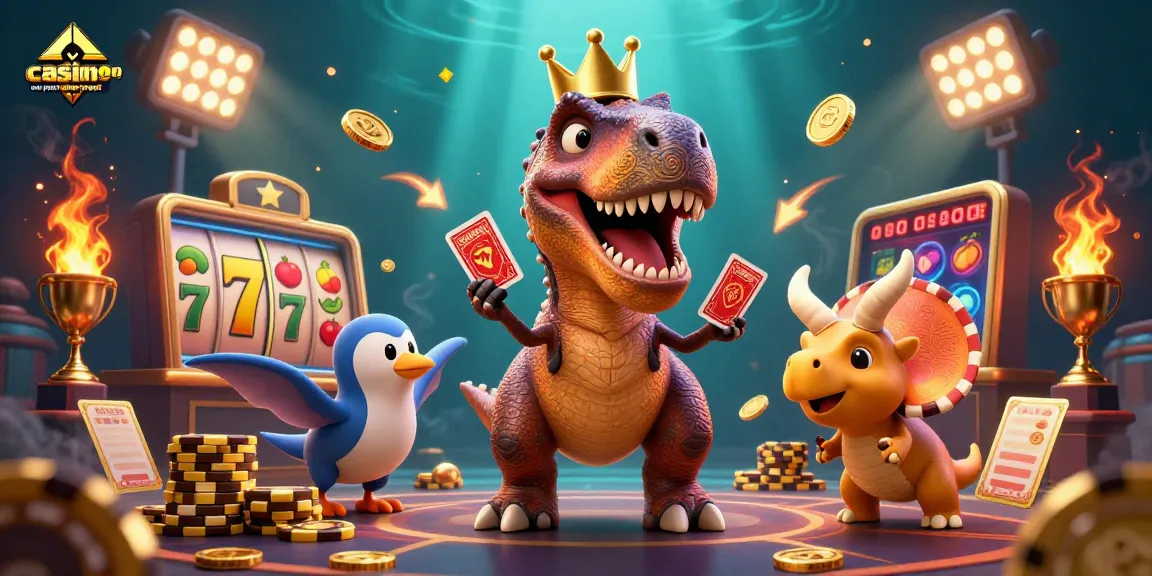 Une illustration animée 3D de casino en ligne le plus payant montrant un T-Rex avec une couronne d'or essayant de jouer aux cartes.