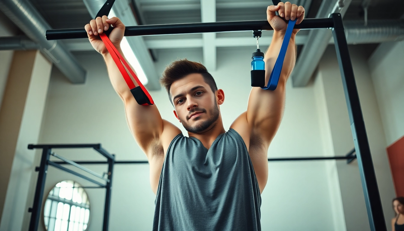 Individual using a pull-up assist band for effective workout in a gym.