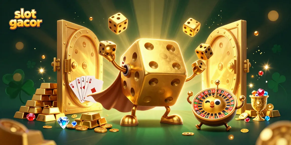 Experience slot gacor with a vibrant 3D scene showcasing golden dice, treasures, and dynamic casino elements.