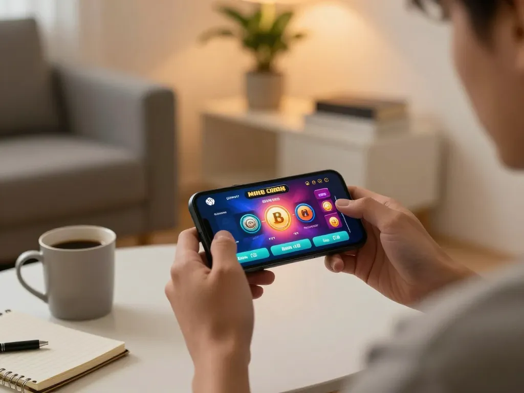 Engaging in gajah toto gaming on mobile device with strategic elements in a cozy home setting