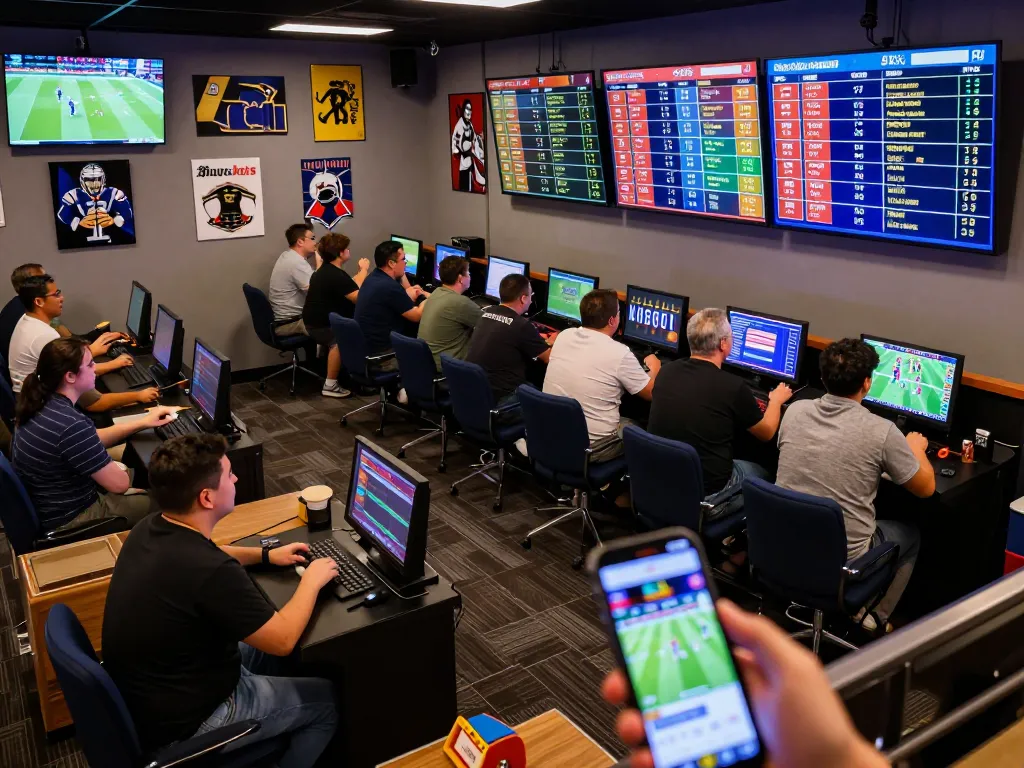 Excited bettors engaging in sports betting at HB 88 lounge with vibrant odds display and energetic atmosphere.
