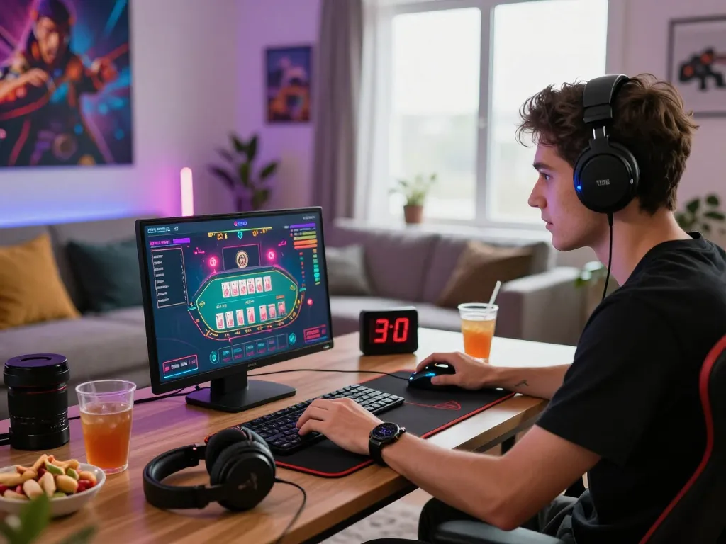 Engaged player enjoying a 바카라사이트 live game in a vibrant gaming room filled with modern gadgets.
