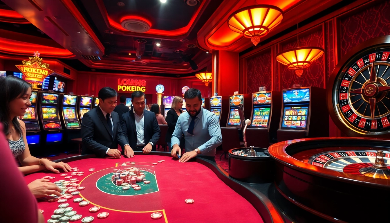 Engaging poker players at a vibrant casino table, showcasing thrilling action at https://mm88.video/.