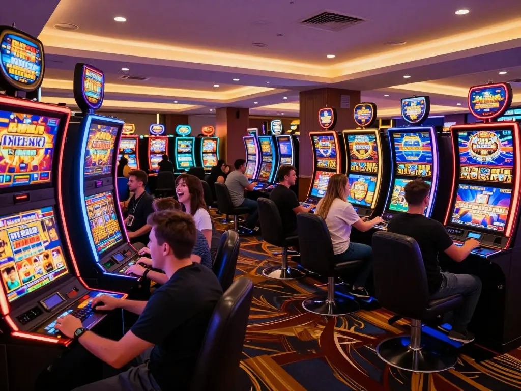 Players enjoying vibrant slot machines at the casino, experiencing the thrill of 88i gaming action