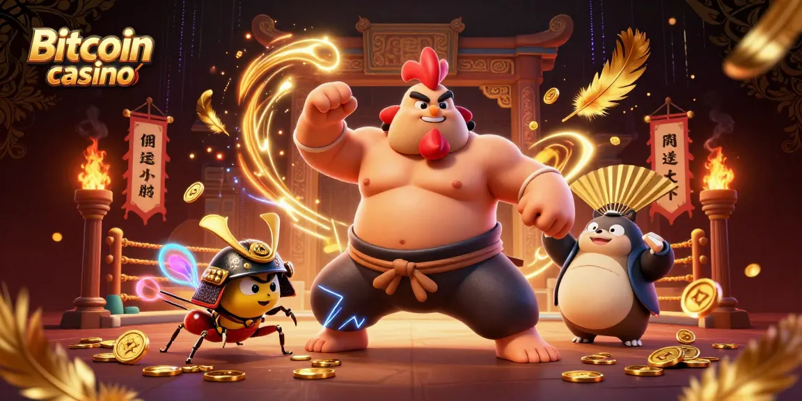 Jeu sur un Bitcoin casino, un combattant en costume de sumo domine une scène animée avec un criquet samouraï et un tanuki, illustrant l’excitation des paris.