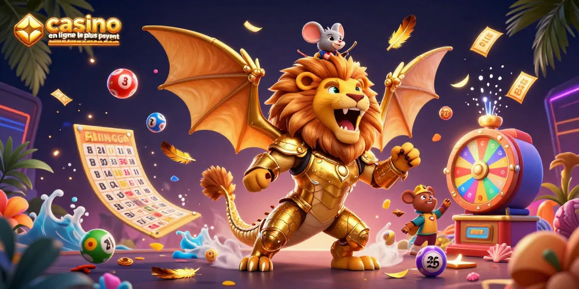 Illustration dynamique illustrant le casino en ligne le plus payant avec créatures fantastiques et éléments de jeux.