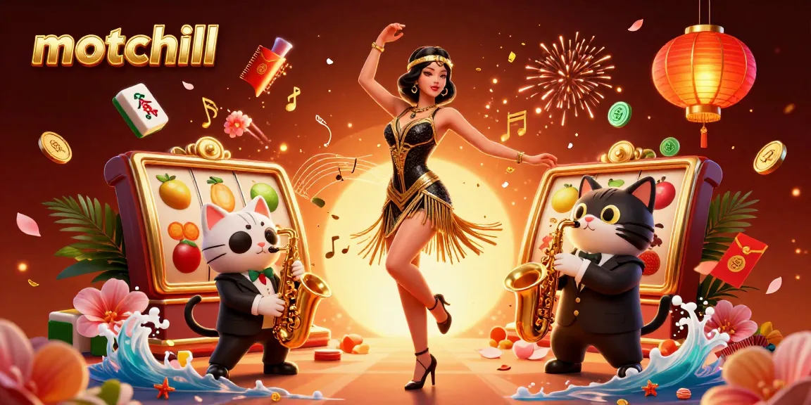 Experience thrilling wins on motchill with vibrant slot reels, a whimsical saxophone-playing cat, and festive confetti.