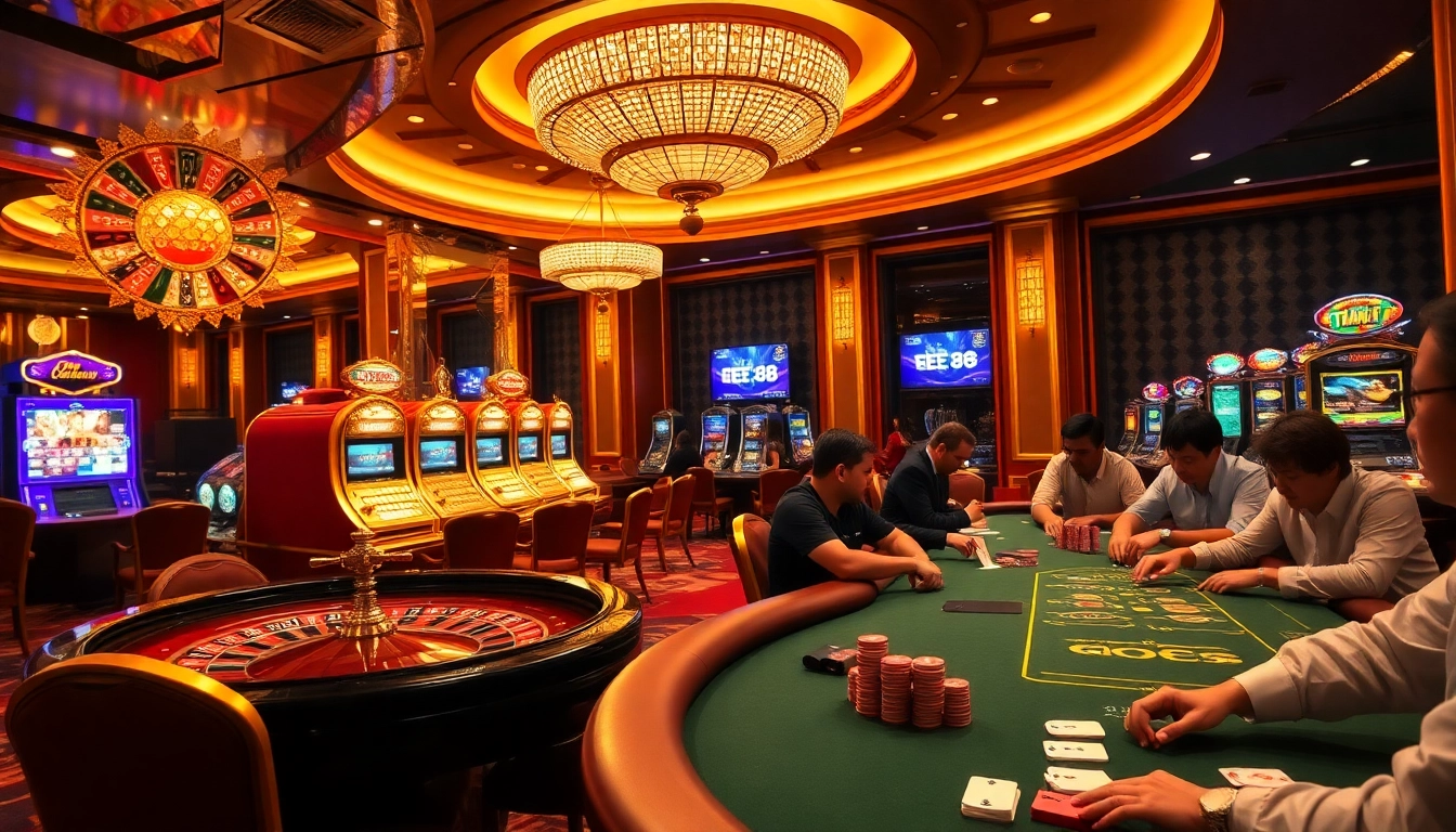 Players enjoying a thrilling game at EE 88 casino with vibrant slots and poker tables.