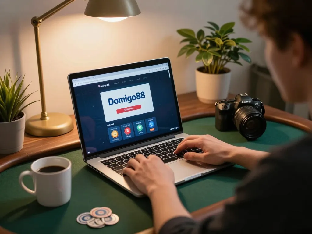 Engaging online poker experience at home with Domino88 link alternatif displayed on laptop screen, capturing a strategic gaming moment.