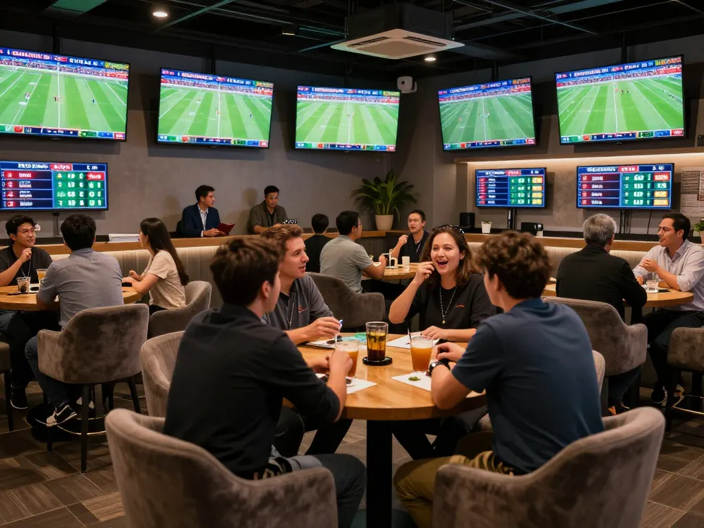 Okwintv sports betting lounge filled with fans enjoying live matches and analyzing odds.