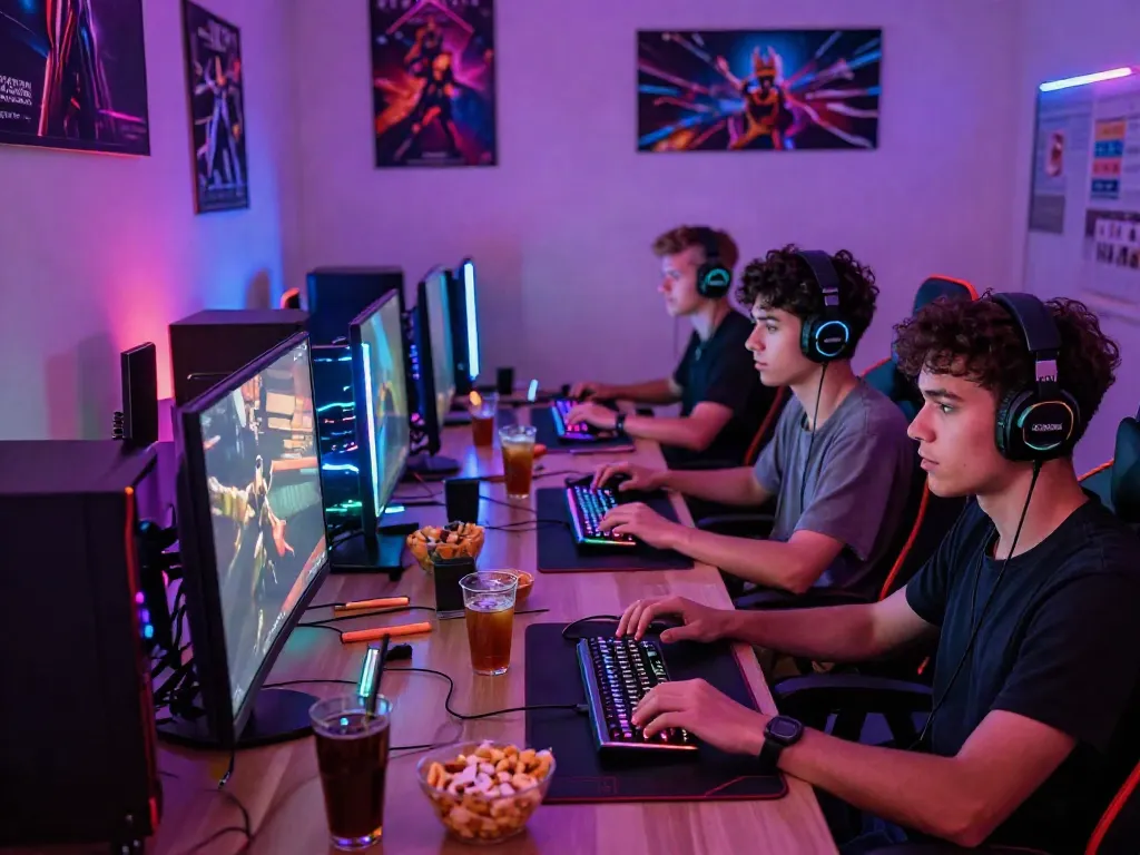 Engaged group of gamers enjoying ORION88 gaming session with vibrant decor.