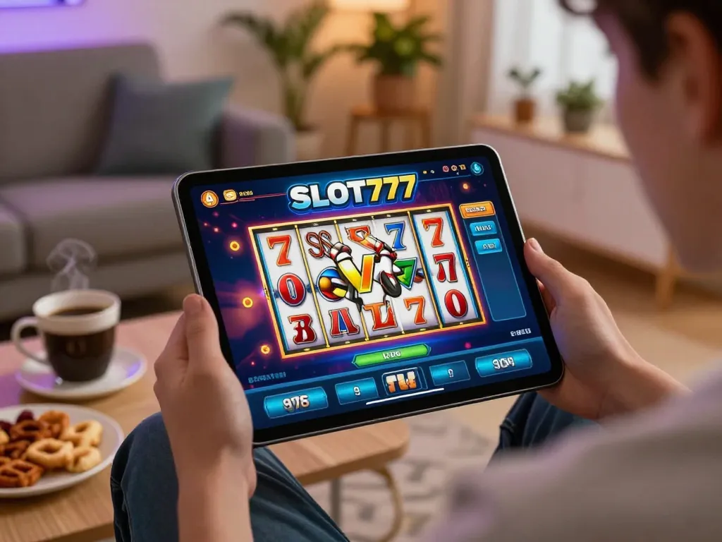 Engaging gameplay on SLOT777 interface showcasing slot gacor 777 in a cozy home setting