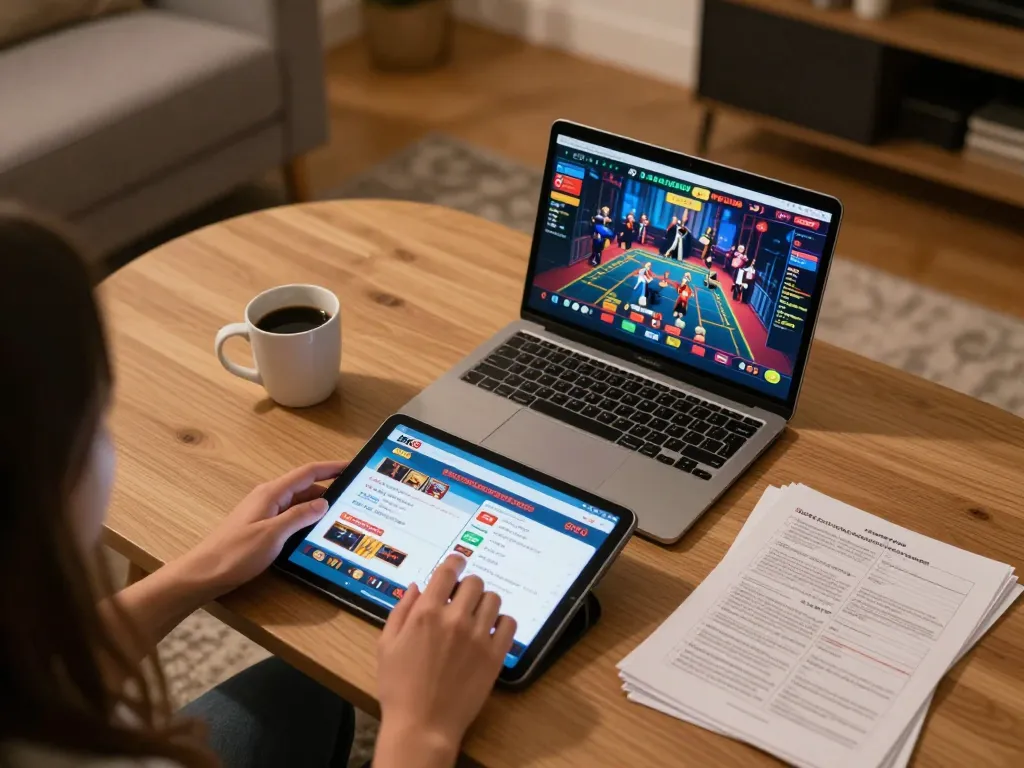 Player enjoying BK8 app on tablet in a cozy home setting, highlighting online gambling experience