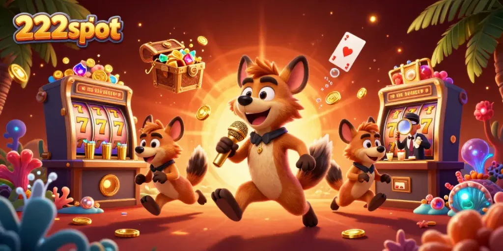Gameplay menarik 222slot di klub komedi kasino dengan hyena ceria.