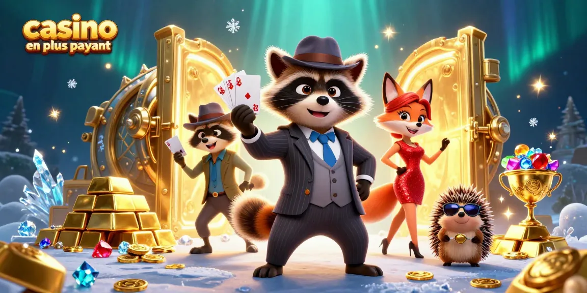 Illustration de casino en ligne le plus payant avec un raton-laveur, une renarde et un hérisson dans un univers doré.