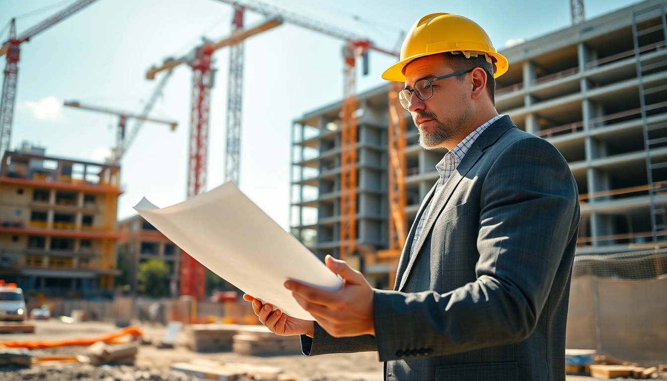 Construction developer reviewing blueprints on a busy construction site.