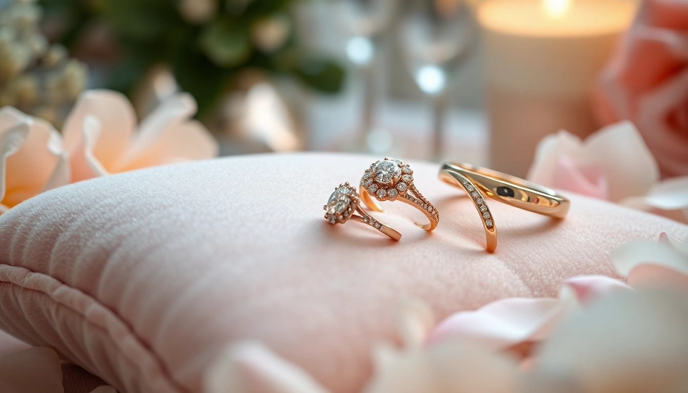 Sparkling wedding rings on a velvet cushion showcasing their exquisite designs and features.
