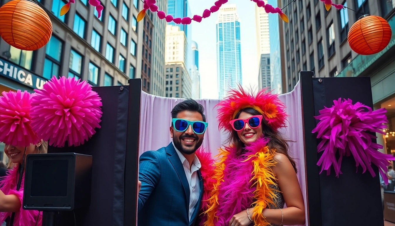 Guests enjoying a photo booth Chicago experience with props and colorful decor
