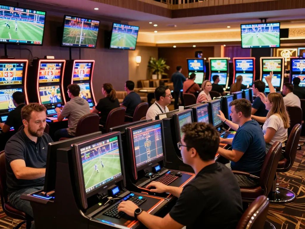 Players engaging in sports betting at BL555's dynamic casino area with multiple screens