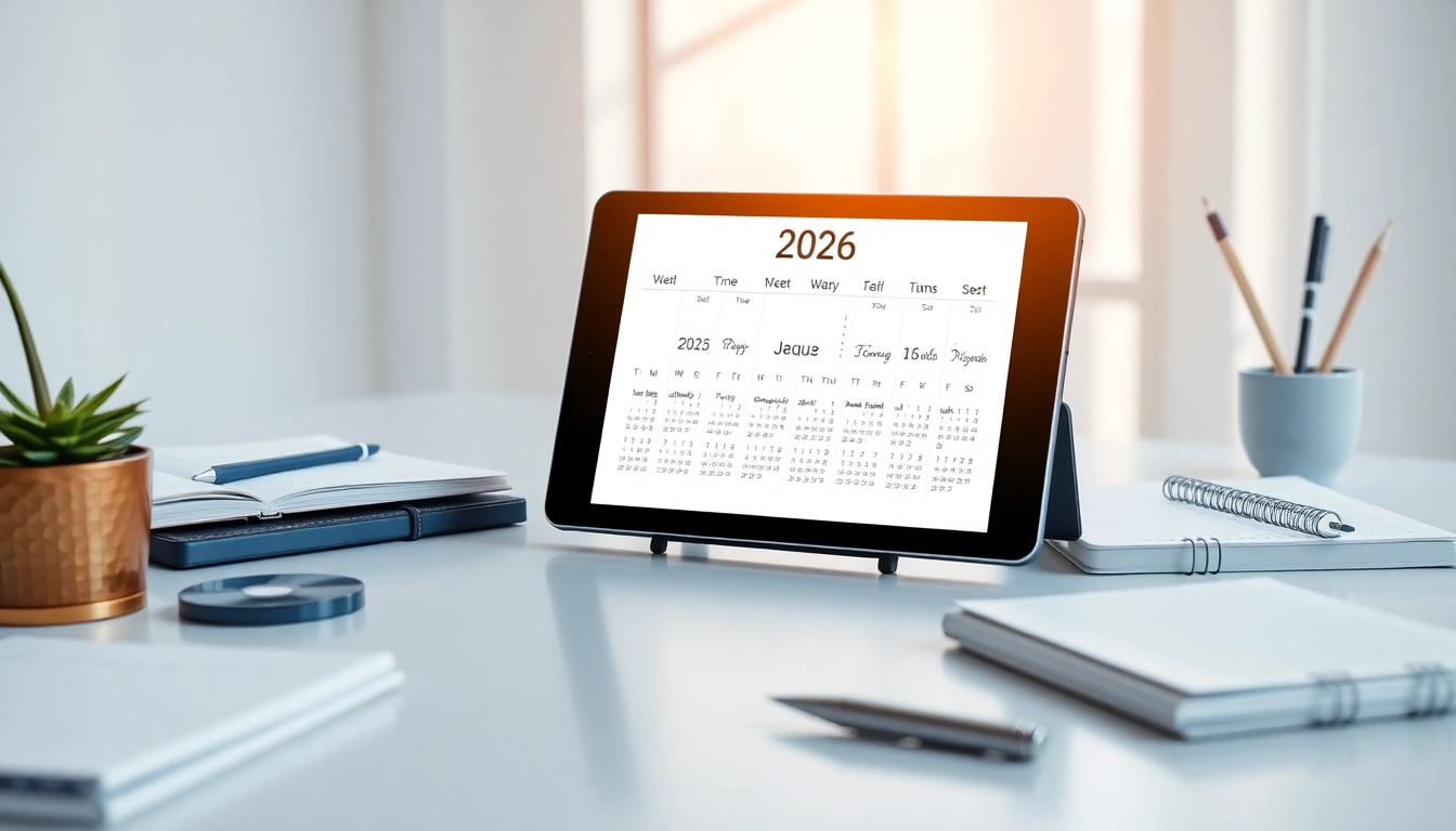 2026 calendar PDF displayed neatly on a desk, highlighting its design and organization.