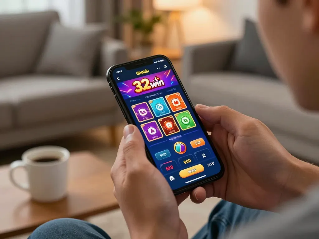 Player engaged with the 32win app, enjoying a strategic online gambling experience in a cozy home environment.