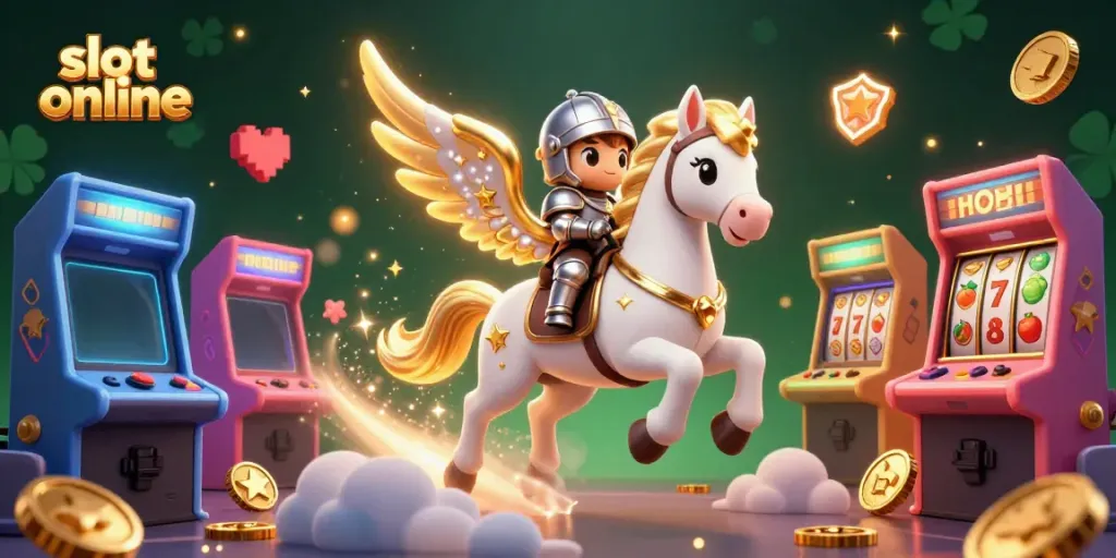 Engaging scene of a celestial horse and knight exploring a vibrant slot online gaming world.