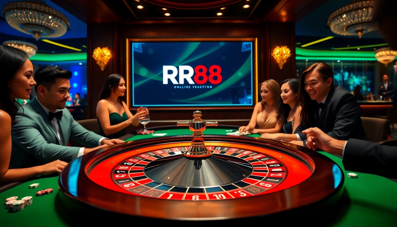 RR88 players engaged in an exciting roulette game, showcasing luxury and thrill at a casino.