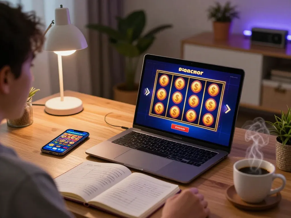 Engaging online gaming session featuring slot gacor on laptop with colorful reels, personalized decor, and strategy notes.