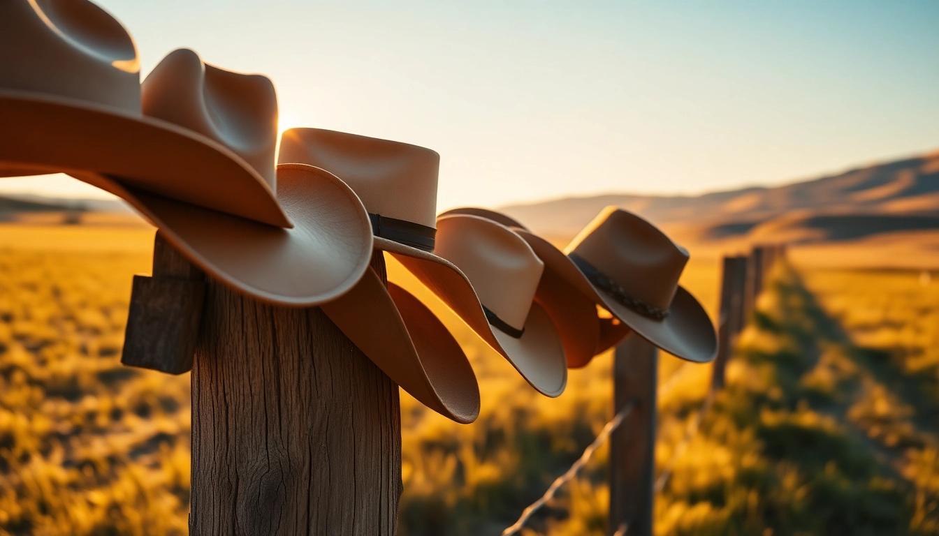 Showcasing a variety of Cowboy Hats on a wooden fence against a golden dawn backdrop.
