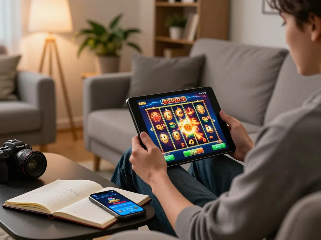 Engaged gamer enjoying link slot action on a tablet in a cozy home environment.