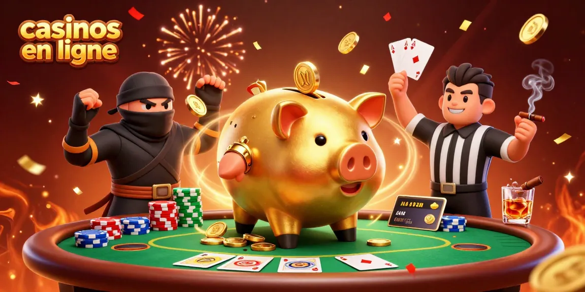 Des jeux de casinos en ligne animés par un cochon-tirelire sumo au milieu de jetons colorés.