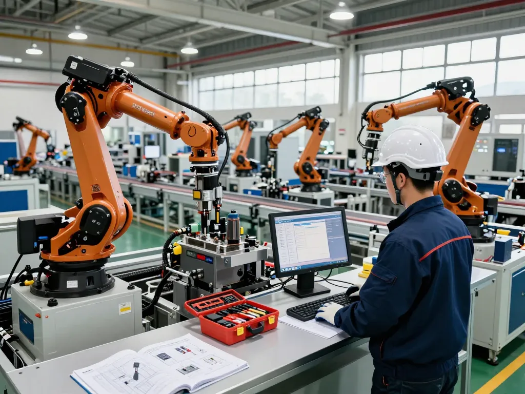 Technician analyzing Bosch Rexroth hydraulic equipment in a modern factory setting