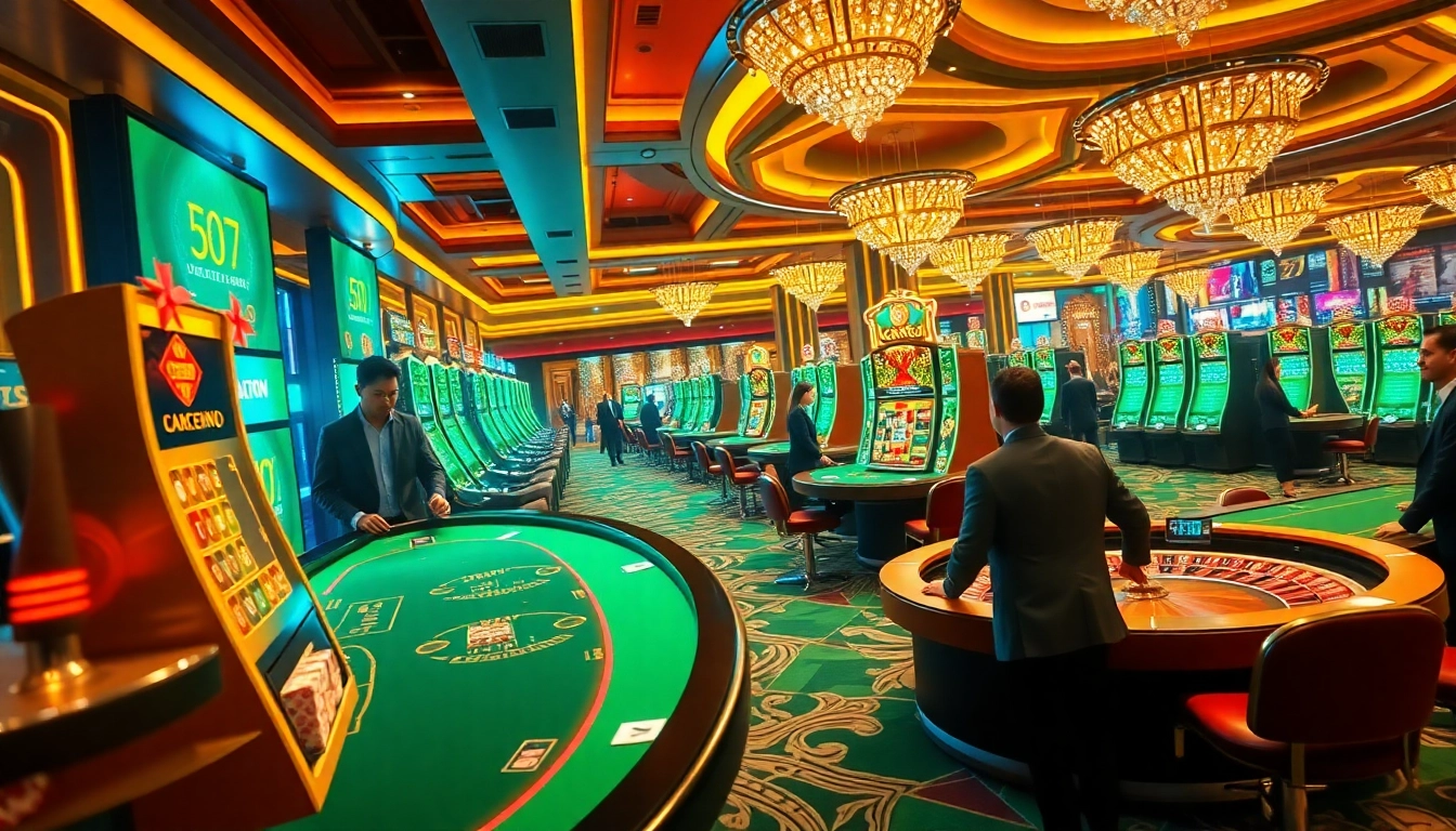 Players engaging in high-stakes games at U888's dynamic online casino, showcasing vibrant slot machines and professional dealers.