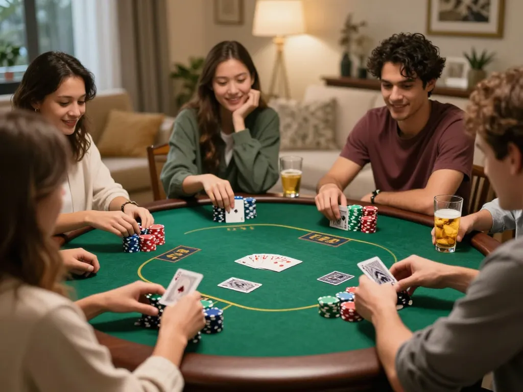 Friends enjoy a thrilling poker night as they casually stack poker chips and play cards at the table, featuring giường bệnh nhân theme elements.