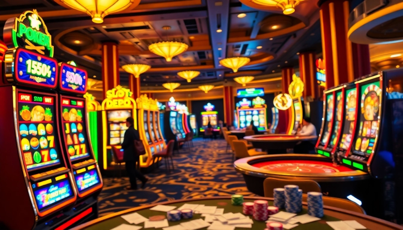 Pemain menikmati sensasi slot depo 5rb di mesin kasino berwarna-warni dan meja permainan yang hidup.