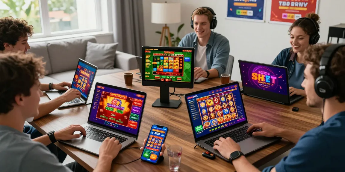 Engaging online gambling moment with players using nhà cái shbet on various devices, showcasing vibrant casino games and excitement.