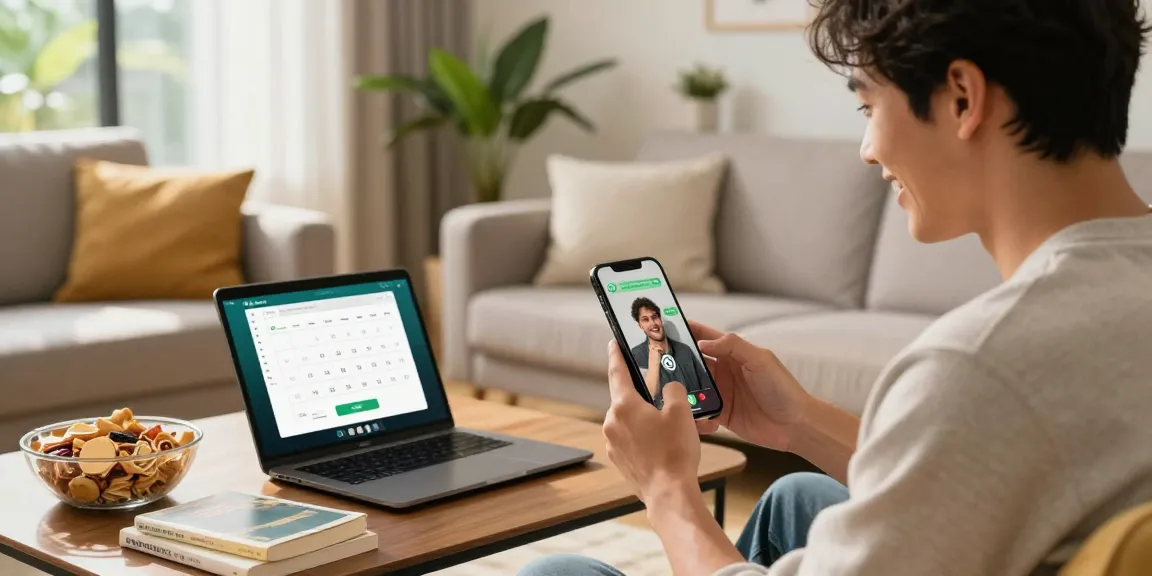 Engaging WhatsApp下載 experience in a cozy living room as a user connects with friends through video call.