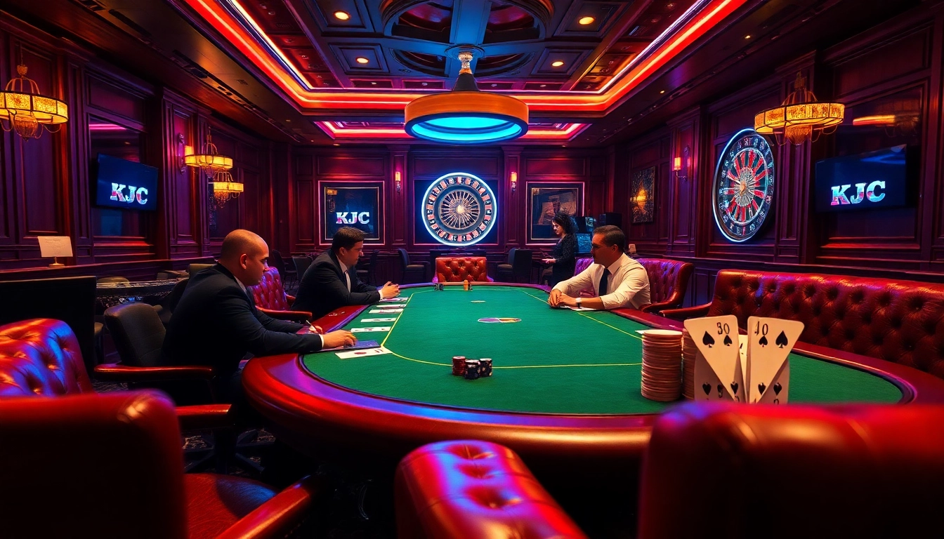 KJC players strategizing in a luxurious casino setting filled with poker chips and cards.