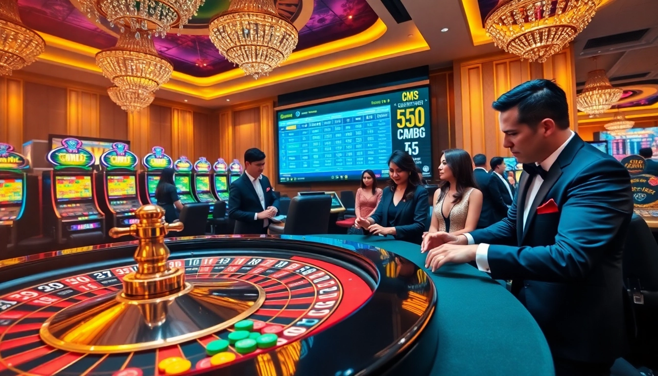 Players swirl around the roulette table at CM88 casino, eagerly placing bets in a vibrant, luxurious setting.