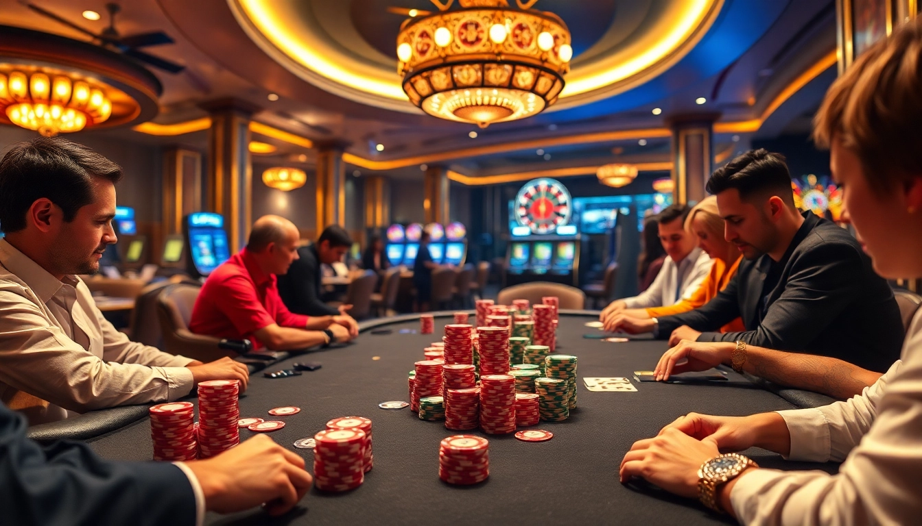 Engaged players at a lively idn poker table in a luxury casino, showcasing excitement and strategy.