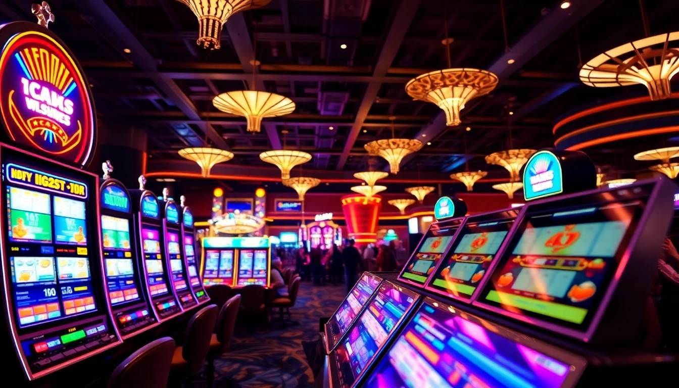 Menangkan ibet44 slot dengan mesin slot berwarna cerah di kasino yang ramai.