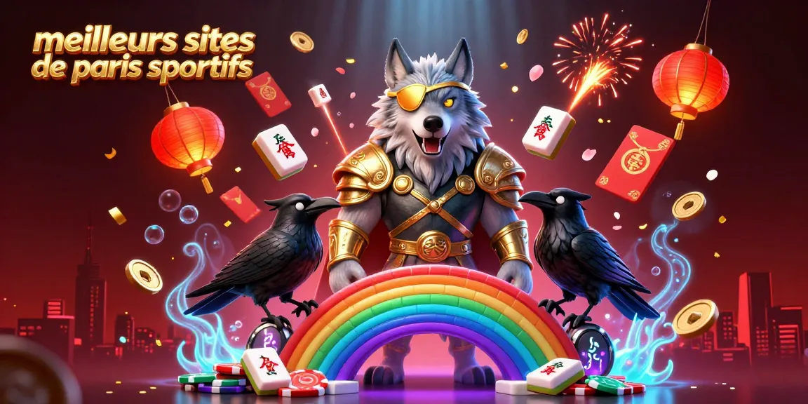Illustration des meilleurs sites de paris sportifs avec un loup Odin et ses corbeaux, entourés d'éléments de jeu vibrants.