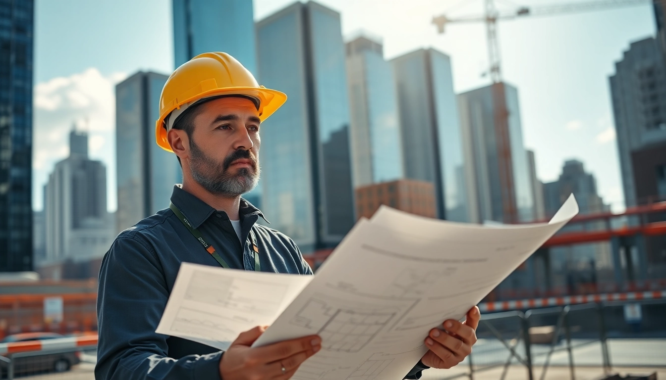 Manhattan Construction Manager analyzing blueprints at a bustling construction site.