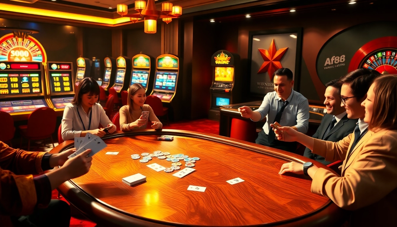 AF88 gamblers placing bets at a plush casino table with chips and cards.